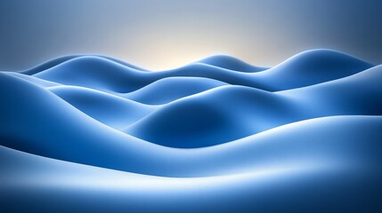 Fototapeta premium Rolling blue gradient waves with smooth light and shadow transitions, creating a calming and futuristic abstract landscape on a minimalistic backdrop