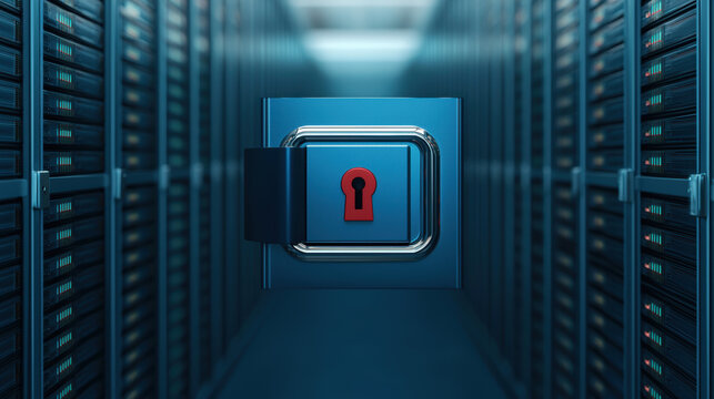 Cyber Insurance Risk Management Concept. A digital illustration of a secure server room featuring a padlock, symbolizing data protection and cybersecurity.