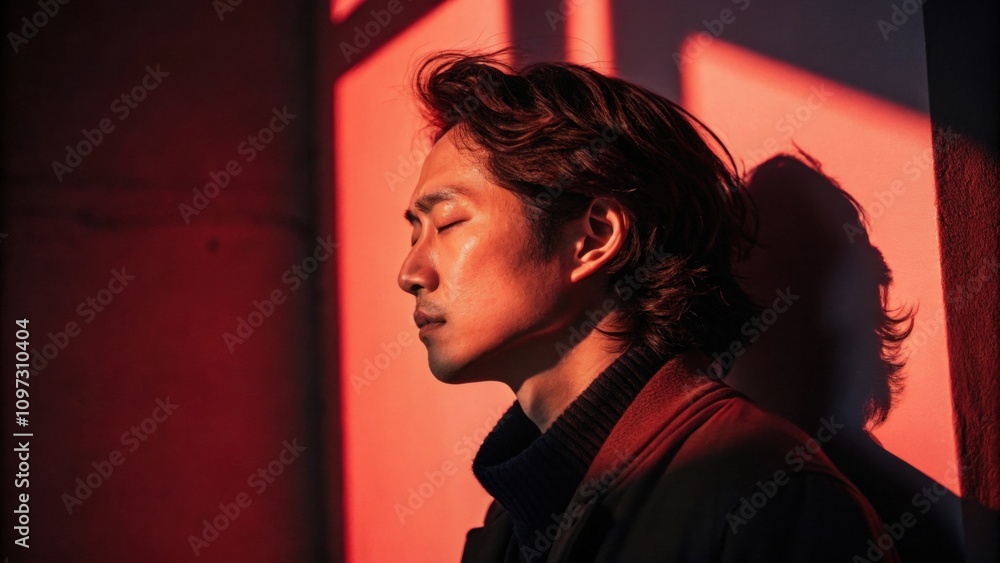 Poster an artist with a contemplative expression illuminated by a warm red light on their forehead and chin