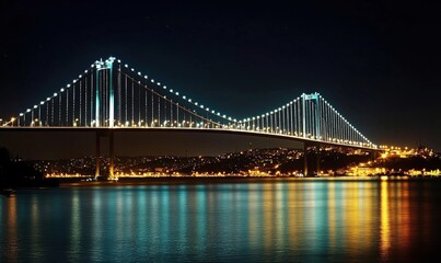 Obraz premium Illuminated bridge at night, stunning cityscape reflection, vibrant lights, serene water, urban skyline, peaceful atmosphere