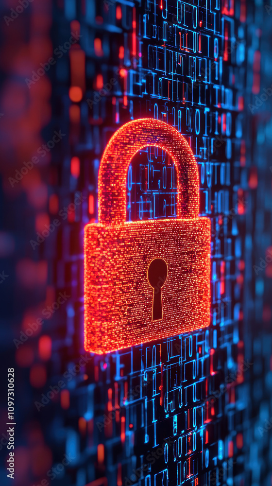Aufkleber cyber insurance risk management concept. a digital lock symbol overlaid on a matrix of blue and red 