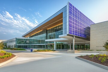 Fototapeta premium Modern Architectural Design of a Sustainable Building with Solar Panels and Glass Facade Reflecting Natural Light in an Urban Environment