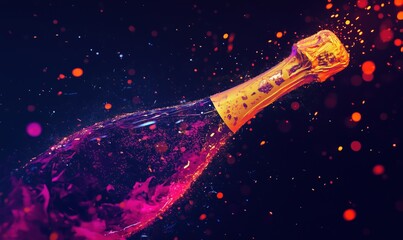 Champagne bottle explosion with vibrant colors, sparkling liquid splashes, and dynamic bokeh effects