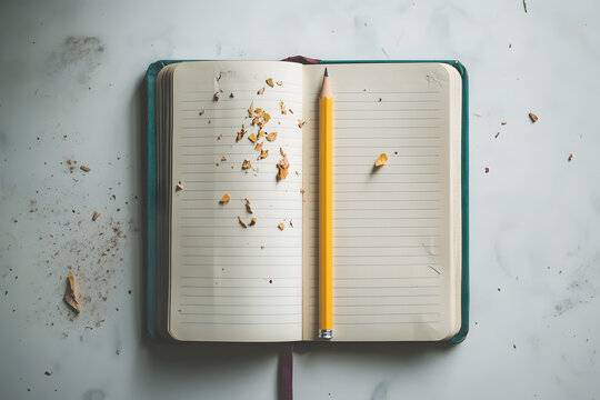 Open notebook with scattered pencil shavings and a yellow pencil, workspace creativity