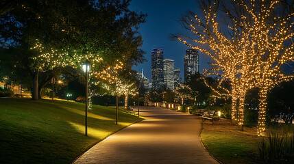 A city park at night, lit by decorative lights along the paths and surrounding trees, with the city skyline in the background 