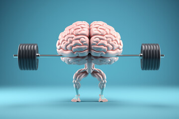 Cartoon brain lifting weights representing mental strength and fitness