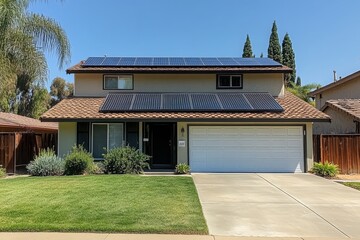 Modern House with Solar Panels, Green Lawn, and Clear Blue Sky in a Quiet Suburban Neighborhood, Showcasing Sustainable Living and Energy Efficiency