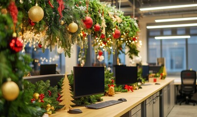 Festive office decorations with Christmas garlands, ornaments, and trees. Modern workspace adorned with holiday cheer, featuring computers and festive elements.