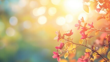 Fototapeta premium Serene, sunlit scene featuring pink flowers and soft bokeh in background