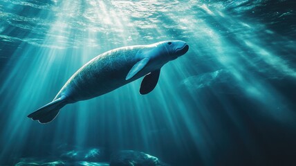 Fototapeta premium Manatee gracefully swims underwater in sparkling sunlight