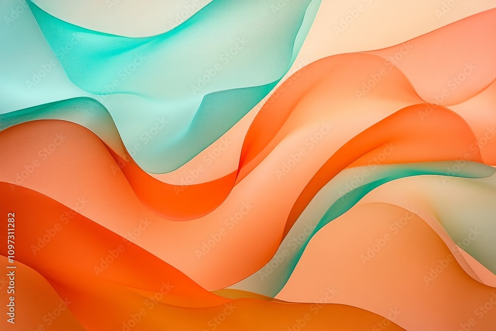 Poster soft abstract waves in shades of peach and aqua flowing gracefully, creating a serene and modern vis