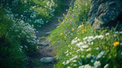 Fototapeta premium A flower lined path meanders through green meadows