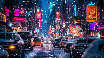 Obraz premium Snowy Night in a Neon-Lit Urban District