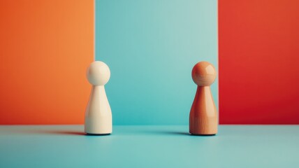 Two wooden pawns against colorful orange-blue background, minimalist composition