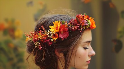 Naklejka premium A young woman is shown in profile, wearing a vibrant floral crown adorned with yellow, orange, and pink flowers. Her long, brown hair cascades softly, framing her face as she gazes serenely with her e