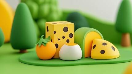 Vibrant playful scene with colorful food shapes creative studio 3d render whimsical environment fun perspective imagination