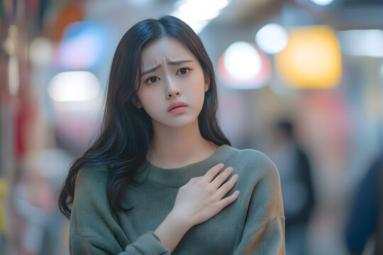 Concerned young woman in urban environment expressing deep emotions and vulnerability