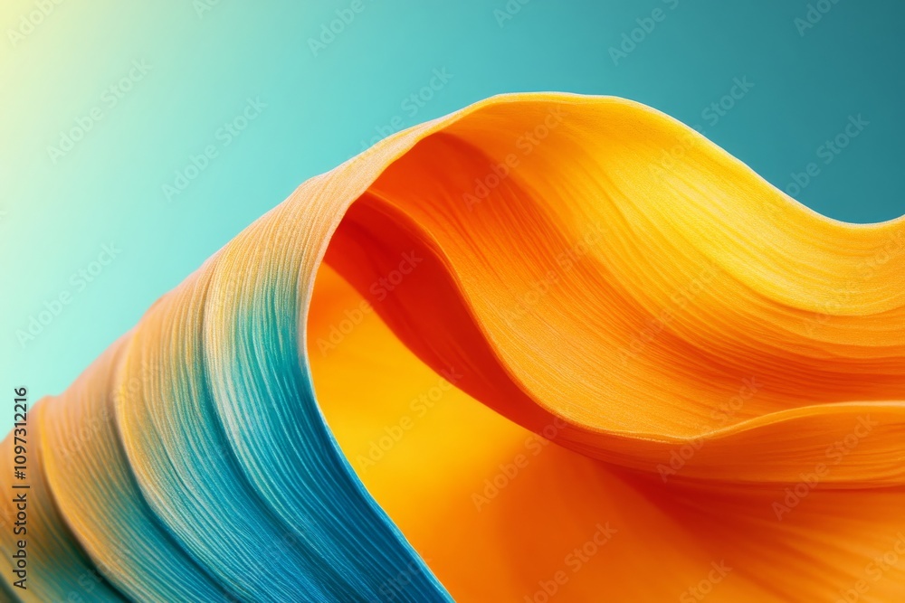 Poster vibrant flowing waves in bright blue and orange colors representing dynamic movement and artistic ex