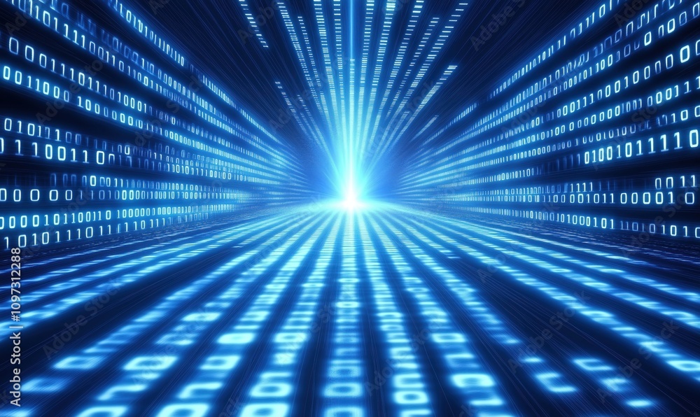Poster digital binary tunnel, glowing blue light, data streams, futuristic technology, abstract representat