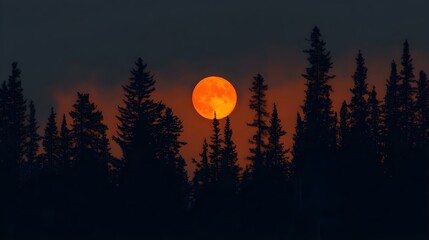 An orange moon rising behind the silhouettes of trees, creating a dramatic twilight scene with a darkening sky