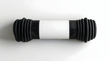 Rolled black yoga mat with blank label on white background.