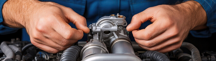 Fototapeta premium Turbocharger Installation Concept. A mechanic's hands work on an engine, adjusting components with precision, showcasing the intricacies of automotive repair.