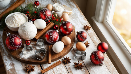 Christmas baking ingredients decorated with red and white ornaments