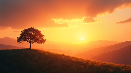 Obraz premium Lonely tree standing on a hill at sunset with mountain view