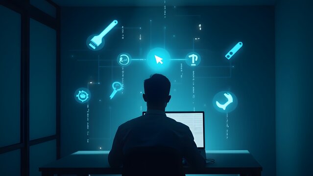 A silhouette using a glowing laptop, surrounded by floating holographic tools like a wrench and paintbrush. Light trails connect the tools, symbolizing digital productivity.