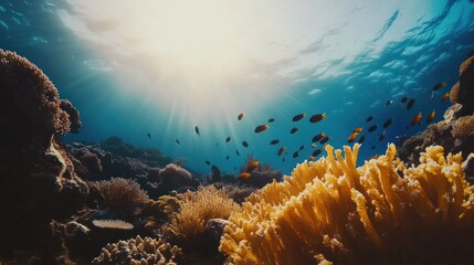 Sunlit Coral Reef With Vibrant Fish Swimming