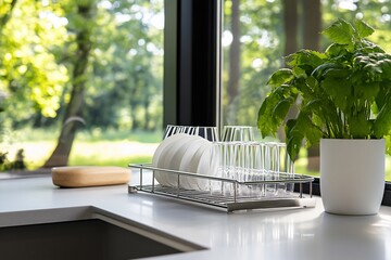 Fototapeta premium Clean dishes and glasses drying rack on kitchen counter near a plant, overlooking a lush green landscape through a large window.
