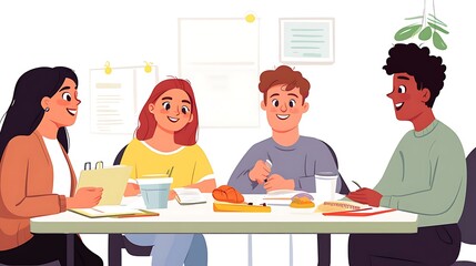 A group of colleagues sitting at a table discussing ideas with notebooks, a variety of lunch items, and coffee cups adding a casual professional vibe. 