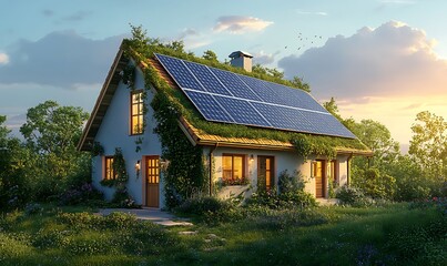 Obraz premium the house and solar panels on the roof. The concept of an energy-efficient home. 3D illustration design, 