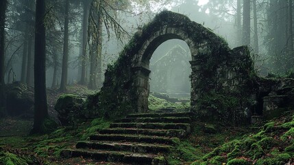 The image features an ancient stone archway at the center of a lush green forest. The arch is partially covered in moss and appears to be crumbling, suggesting that it has been there for a long time. 