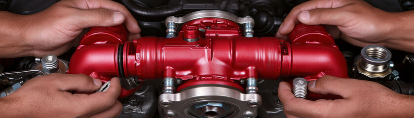 Turbocharger Installation Concept. A close-up of hands installing a vibrant red automotive part, showcasing precision engineering and mechanical expertise.