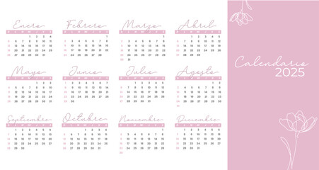 Calendario 2025,Calendario  femenino, rosa, minimalista, meses en español	, calendario español