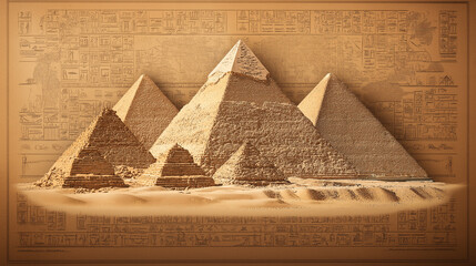 Ancient Wonders: The Great Pyramids of Giza rise from a desert landscape, their majestic forms etched against a backdrop of ancient hieroglyphs, a testament to the enduring legacy of the pharaohs.