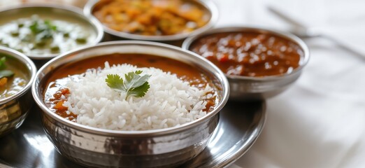 Indian cuisine platter with rice, curries, and side dishes. Variety of colorful dishes including dal, vegetable curry, and raita served in metal bowls.
