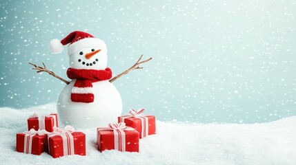 A cheerful snowman in a red hat and scarf stands amidst presents in a snowy winter scene.