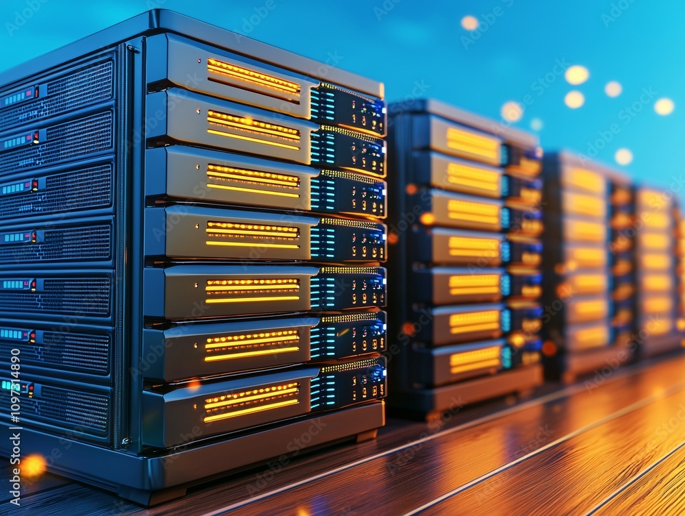Poster data center servers technology hub digital infrastructure modern environment close-up view innovativ