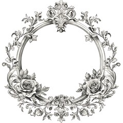 Ornate Circular Frame with Roses and Flourishes Elegant Monochrome Design Element.