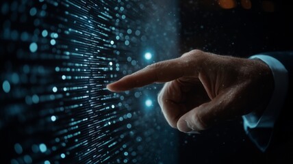 a businessman pointing at the screen with his finger on a black background