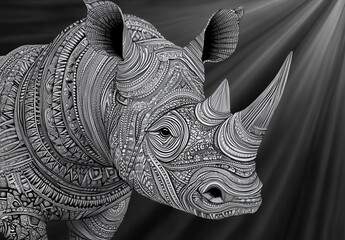 Obraz premium A stylized black and white illustration of a rhinoceros, featuring intricate patterns and textures, highlighted by soft light rays.