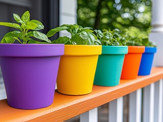 Growing fresh herbs colorful potted plants on porch home garden vibrant outdoor setting nature's beauty