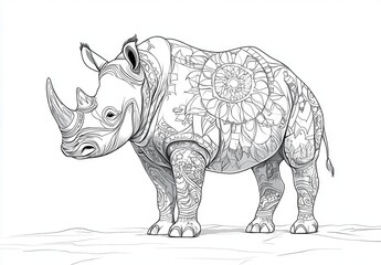 Obraz premium A detailed pencil sketch of a rhinoceros, showcasing its unique features and textures in a simplistic yet artistic manner.