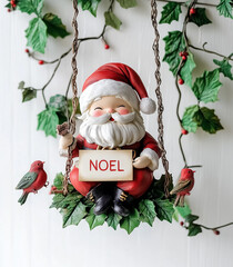 A cute Christmas-themed metal ornament featuring Santa Claus on a swing, holding the word "NOEL" in his hand.