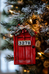 A red door ornament with white lettering "3278" hangs on a Christmas tree, beautifully decorated with greenery and flowers in an elegant style.