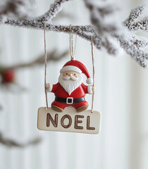 A cute Christmas-themed metal ornament featuring Santa Claus on a swing, holding the word "NOEL" in his hand.