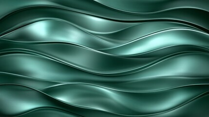 Fototapeta premium Green metallic waves with fluid, undulating patterns, featuring reflective highlights and a rippled surface for a modern abstract background emphasizing texture and movement
