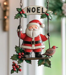 A cute Christmas-themed metal ornament featuring Santa Claus on a swing, holding the word "NOEL" in his hand.